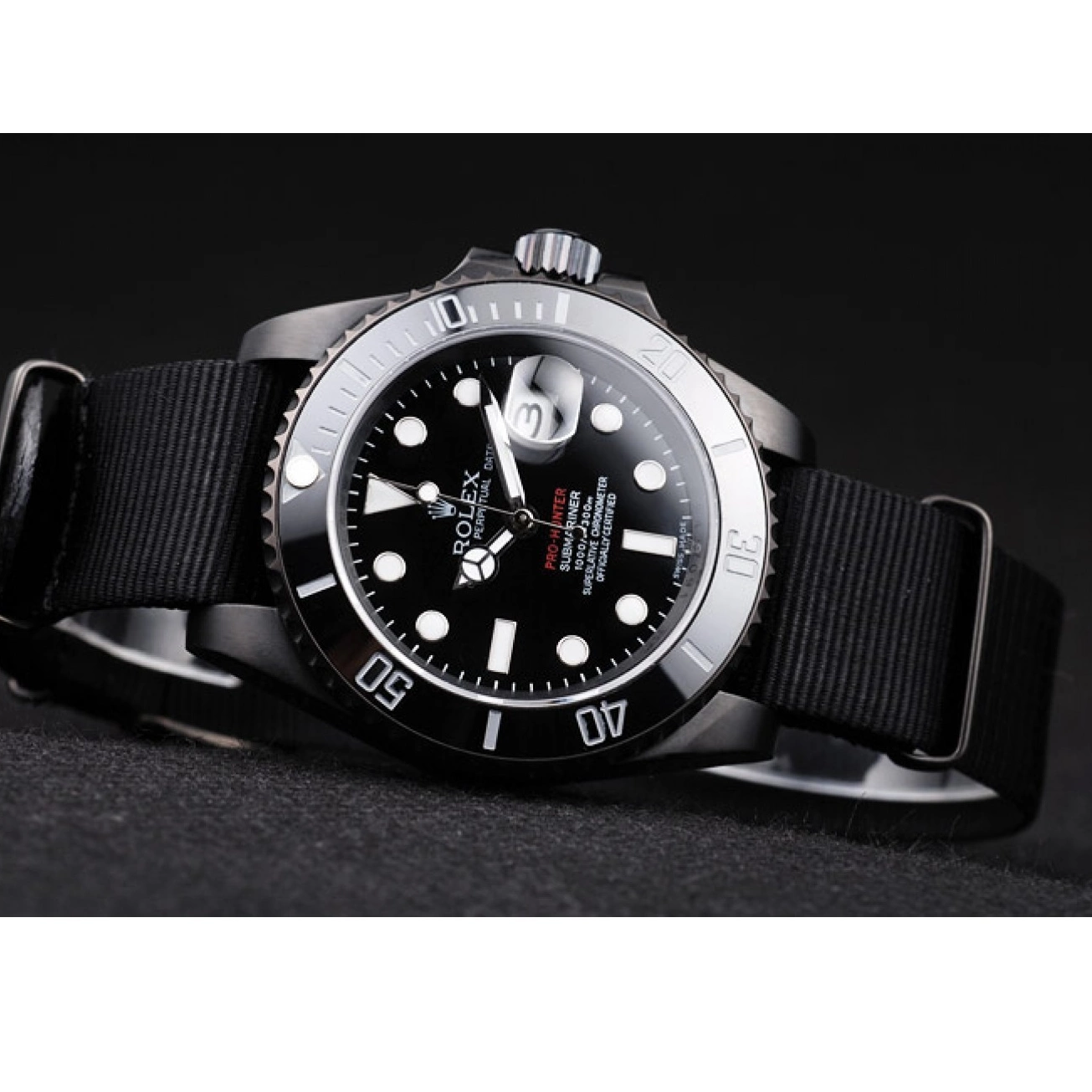 MiroTime 0706 Rolex Swiss Submariner Pro-Hunter Black Fabric Strap Black Dial